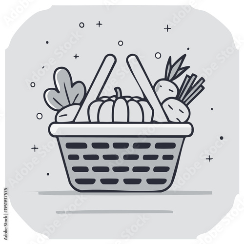 Hand-Drawn Shopping Basket Overflowing with Fresh Vegetables and Pumpkin, Whimsical Line Art