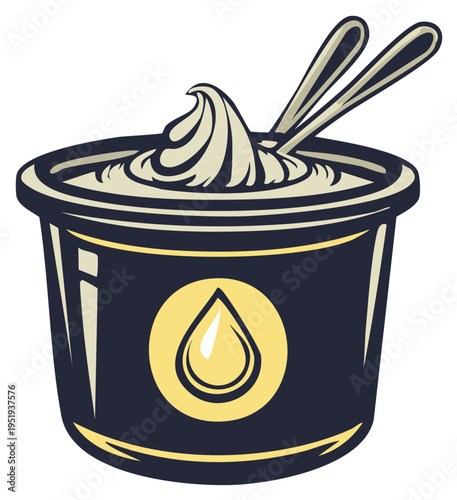 Creamy dairy product in a container with two spoons ready for serving