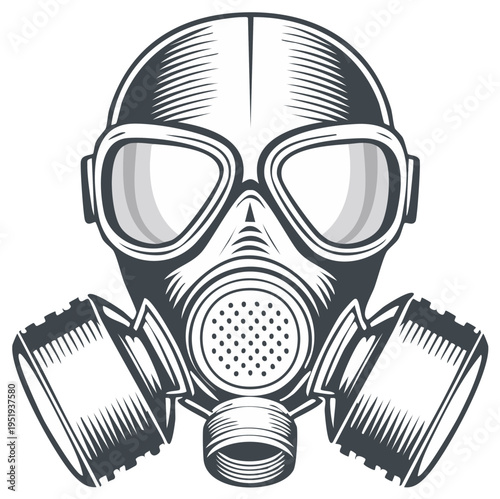 Stylized Illustration of a Gas Mask with Dual Filters for Hazard Protection and Air Purification