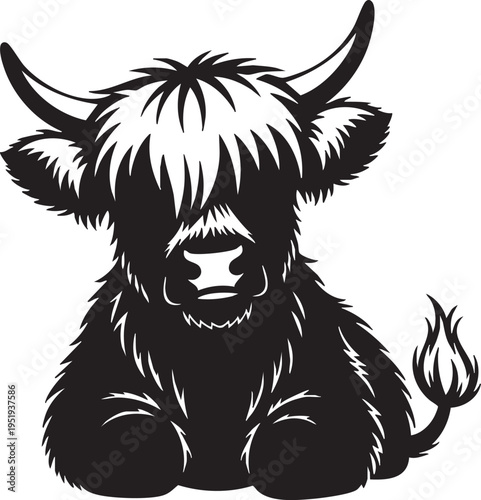Black and white illustration of a cute highland cow calf sitting
