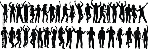 Dancing and expressive silhouettes, dynamic human poses, jumping, gesturing, celebration, diverse movement, festive illustration, vector art resource