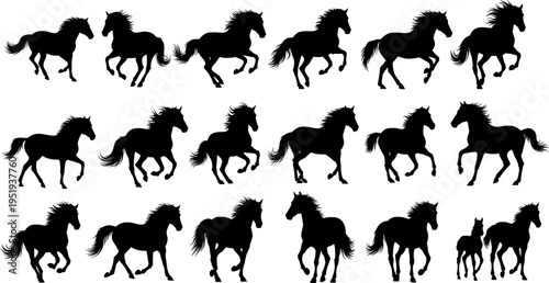  Horse silhouette vector illustration with diverse poses, walking, trotting, galloping, standing, foal with adult horse, animal motion artwork design