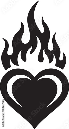 Black heart with flames on top symbolizing passion and love