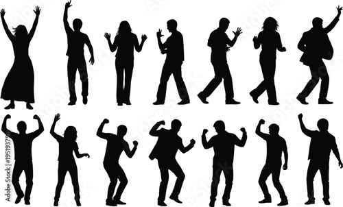   
Dancing silhouettes vector illustration with diverse poses, rhythmic movements, expressive body language, lifestyle concept, art design, music representation, performance identity