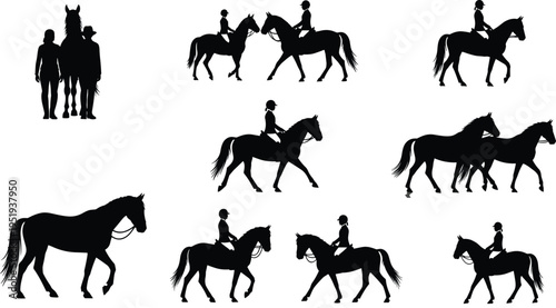 Horse silhouettes, equestrian activities, riders and horses, human interaction, horseback riding poses, black vector illustration, animal and people