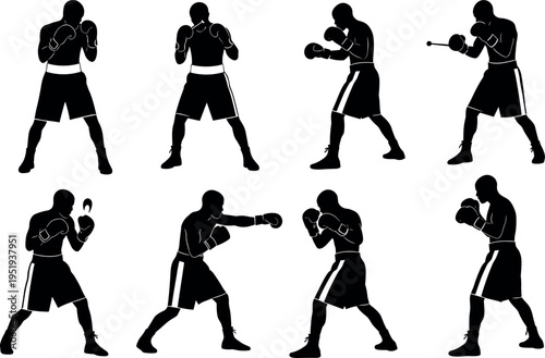 Boxer silhouette vector illustration with punching stances, defensive poses, training gestures, dynamic sports artwork, creative design elements, athletic composition
