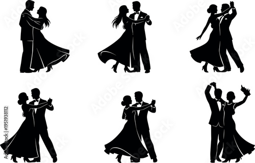 Black silhouette vector illustration of dancing couples performing ballroom and modern dance styles with expressive poses and artistic movement