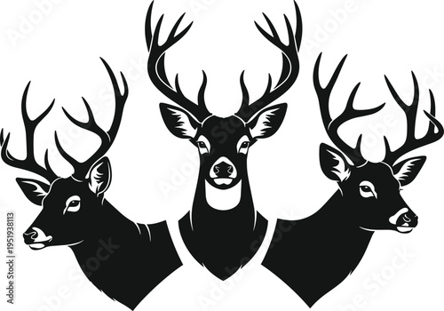 Deer head silhouettes vector illustration with majestic antlers, symmetrical design, artistic emblem concept, wildlife representation, hunting symbol, nature identity, decorative artwork