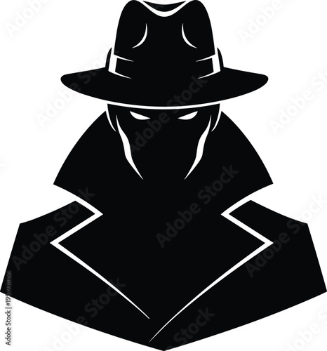 Mysterious detective silhouette wearing fedora hat and trench coat, secret agent spy figure icon for privacy security logo illustration