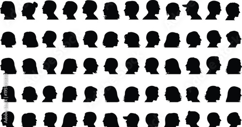 Human head profile silhouettes, diverse hairstyles, hats, glasses, male female variation, identity representation, psychology design vector illustration