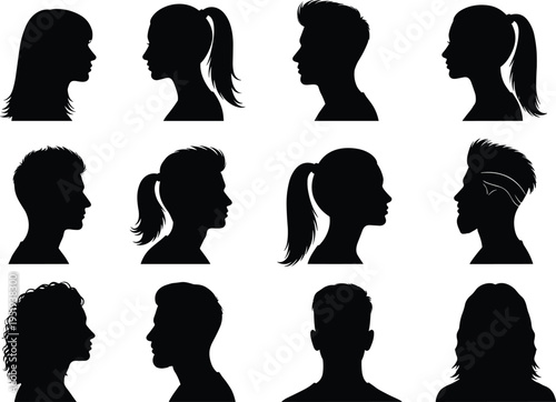   
Human head profile silhouettes, diverse hairstyles illustration, vector design icons, hairstyle variation art, people head shape collection