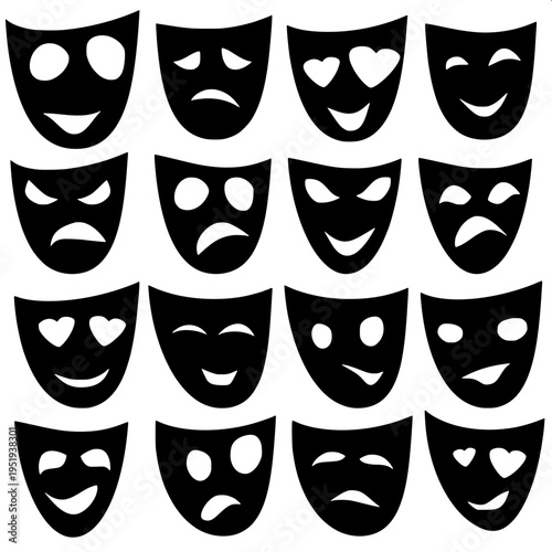 Drama theatre masks symbol showing one smiling mask and one sad mask behind it, bold black silhouette, simple flat vector icon, monochrome design.