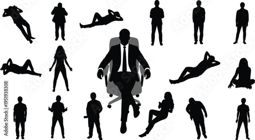   
Business leader silhouette seated in office chair surrounded by diverse professional figures, symbolizing authority, teamwork, hierarchy, influence, communication, corporate dynamics