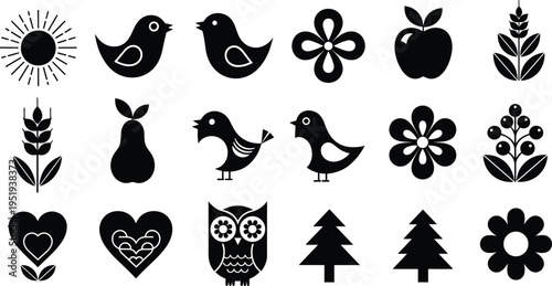 Nature silhouette icons including sun, birds, flowers, fruits, wheat stalks, owl, pine trees, decorative hearts, creative vector artwork illustration
