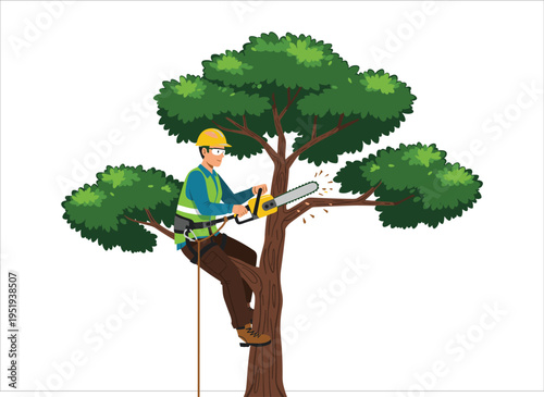 Arborist cutting a tree branch with a chainsaw safety gear on transparent background silhouette high quality professional detailed modern elegant stylish