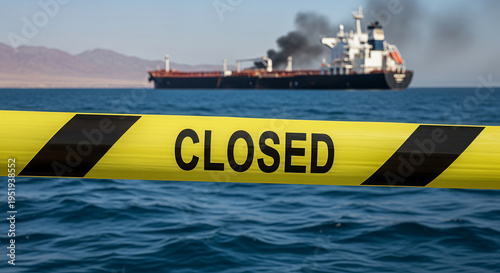 Yellow caution tape with closed text stretched over sea with burning oil tanker. Maritime blockade and global energy crisis concept. Restricted navigation zone in international water.
