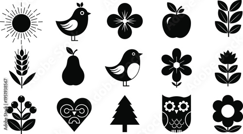 Nature silhouettes with sun, birds, flowers, fruits, tree, owl, whimsical icons, vector illustration for design, artwork, decorative themes