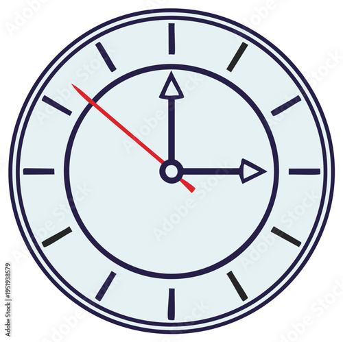 Clock face showing time at 3 o'clock, with red second hand and minimalist style