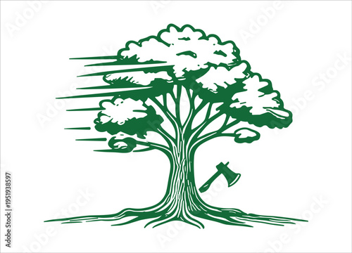 A vibrant green tree with an axe embedded in its trunk on transparent background silhouette high quality professional detailed modern elegant