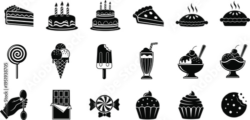 Dessert silhouettes collection, cakes, pies, ice cream, candy, cookies, cupcakes, sweet treats, food illustration, vector art resource