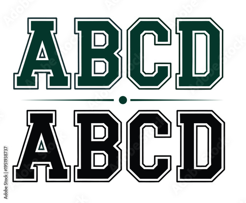 Varsity alphabet illustration set, collegiate block letters A B C D in black and dark green outline for athletic team apparel design.