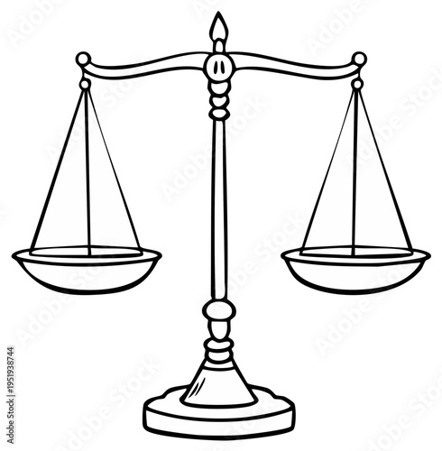 Illustration of a balance scale in a line art style. Legal and justice symbol.