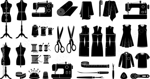 Fashion design line icons set – outline style sewing and tailoring symbols for diy crafting and clothing design: dress form, sewing machine, fabric swatches, scissors, dress pattern, textile