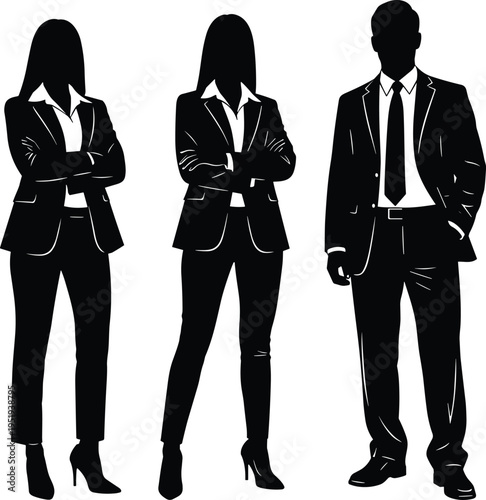 Black silhouette vector illustration, business professionals, corporate attire, man in suit, women in blazers, arms crossed, workplace diversity