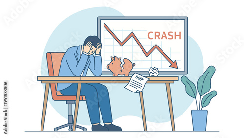 Business failure and economic crisis concept. Stressed businessman despair due to money loss and bankruptcy sitting at desk with broken piggy bank, debt paper and financial falling crash graph. Vector