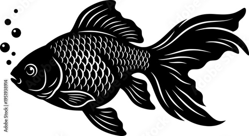 Illustration of a detailed goldfish with bubbles in black and white ink drawing. Vector illustration
