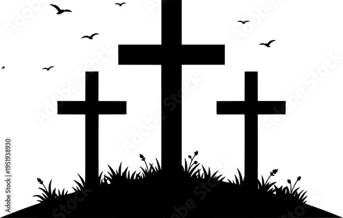 High-Quality Three Crosses at Sunrise Silhouette Vector - Great for Easter and Christian-Themed Projects
