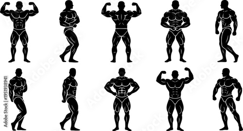 Muscular bodybuilder silhouette vector in illustration set
