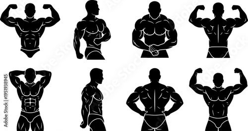 Muscular bodybuilder silhouette vector in illustration set
