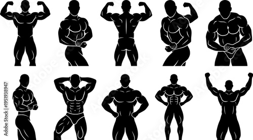 Muscular bodybuilder silhouette vector in illustration set
