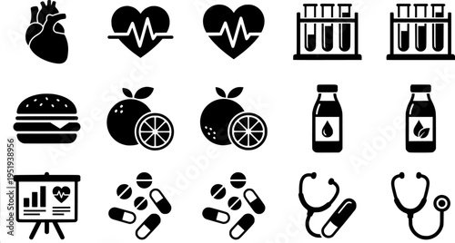 High cholesterol icon set in black and white stroke lines
