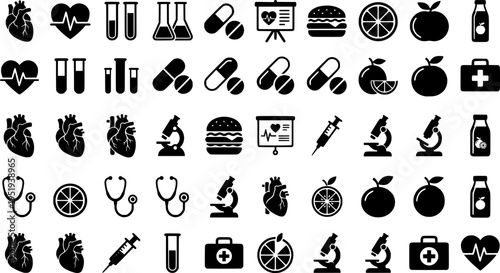 High cholesterol icon set in black and white stroke lines
