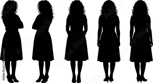 Vector illustration of woman silhouettes in different poses, curly hair and dress style emphasizing fashion, gesture, and body language
