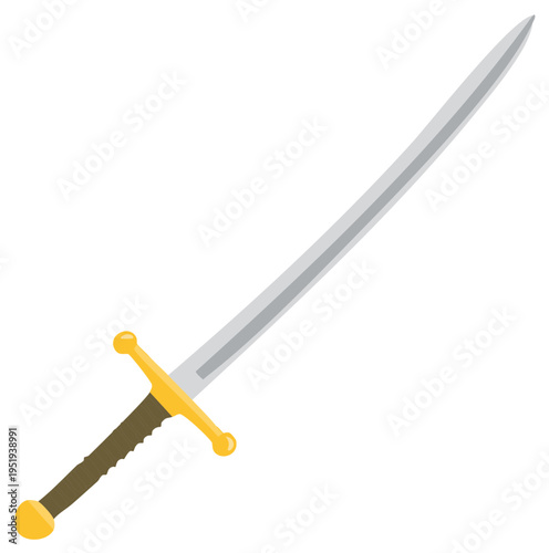 Flat design medieval longsword illustration with golden hilt and sharp metallic blade