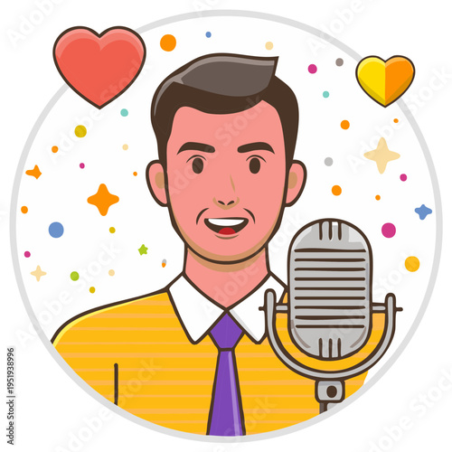 Man with microphone, hearts and stars, podcast or singing illustration