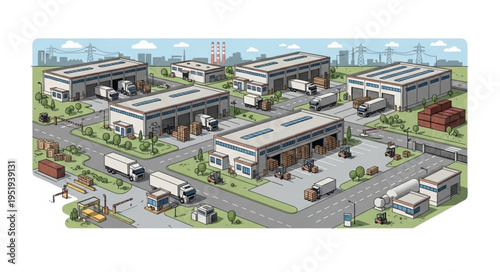Aerial View of a Logistics and Distribution Center with Trucks.