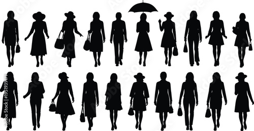 Vector illustration of women silhouettes in fashion poses with handbags, hats, umbrella, diverse outfits, standing and walking styles