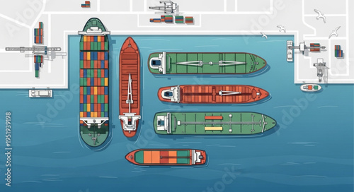 Aerial View of Cargo Ships Docked at Port.