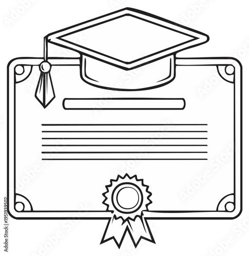Graduation Diploma Illustration, Mortarboard Cap, Education Certificate Document, Outlined Degree with Tassel and Ribbon Seal