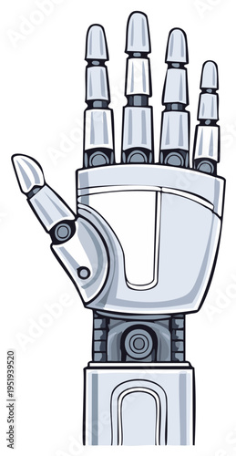 Illustration of a robotic hand gesture showing the palm and five fingers.