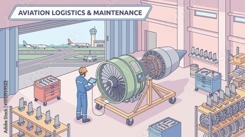 Isometric Aircraft Mechanic Inspecting Jet Engine in Aviation Hangar Maintenance Workshop with Airport Runway View