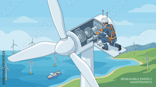 Isometric Wind Turbine Technician Repairing Gearbox, Renewable Energy Maintenance, Clean Power Engineering, Offshore Wind Farm, Sustainable Technology Illustration