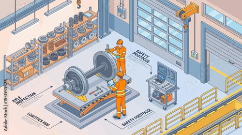 Isometric Railway Technicians Inspecting Train Axle in Industrial Workshop with Safety Equipment and Diagnostic Tools