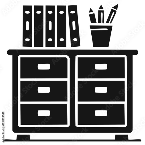 Simple Black and White Icon of a Filing Cabinet with Books and Pencils
