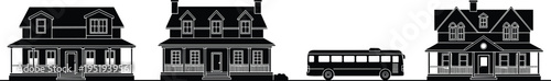 Silhouette illustration of suburban houses with bus, residential neighborhood scene, traditional architecture, transportation concept, vector design content