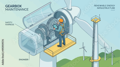 Isometric Wind Turbine Engineer Performing Gearbox Maintenance on Renewable Energy Infrastructure, Technician in Safety Harness Working on Clean Power Technology